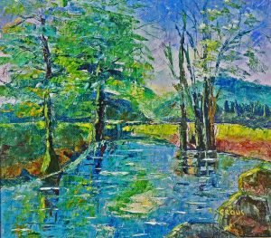 1601- Overflow From Mountains-Framed oil painting for sale-Trees standing in blue waters.g