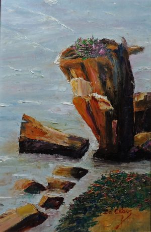 Framed giant rock oil painting and palette knife- Seascape scene-For sale