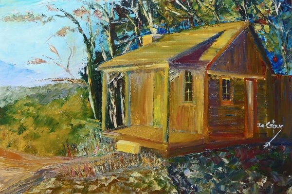 Framed oil Panting-A wooden cottage at the edge of a forest-For sale