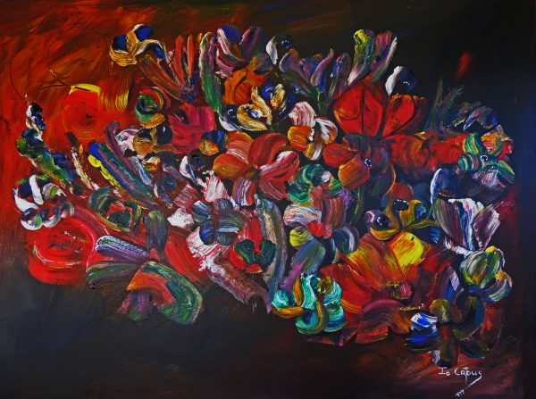 4504 Powerful Abundance-Lively Abstract flowers in warm colors-Acrylic on canvas-For sale-R9000,00