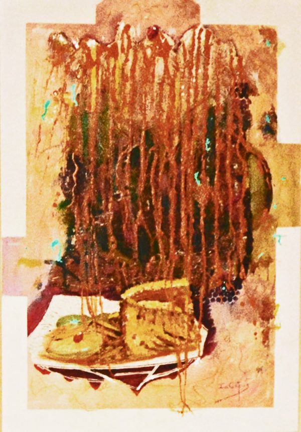 4537 Coffee-spill-Coffee granules, collages and acrylic paint on board-Warm hues-Abstract Art-For Sale-Free delivery only in SA