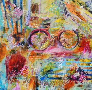 Almost There. Shop Abstract Art-on Papercloth. A textured bicycle image in vivid warm colors contrasts with cooler hues
