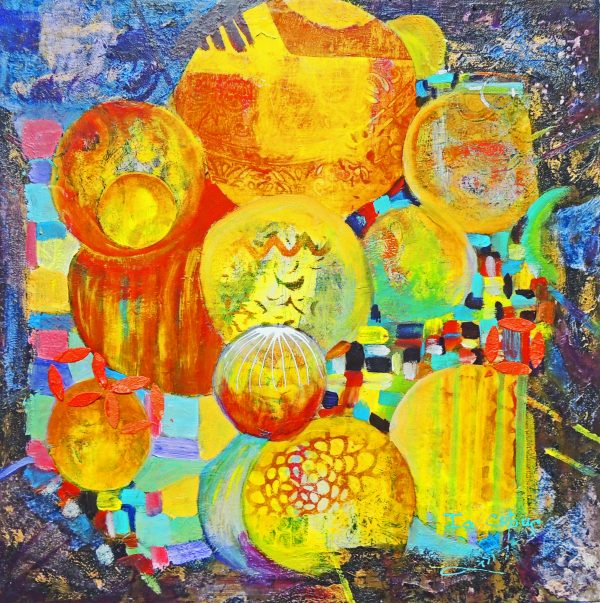 Bubble Balloon- Shop Abstract Art-on Papercloth. Piled warm orange yellow gelli-printed circles against an uneven bluish edge.