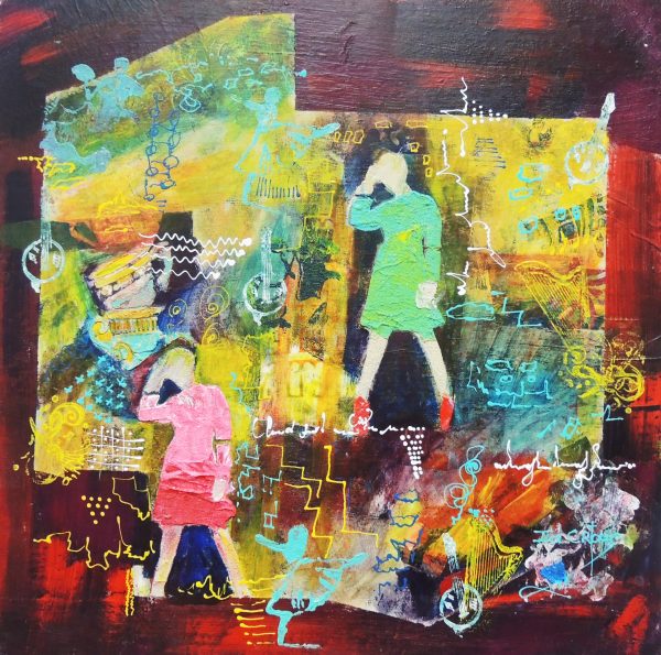 Faithful Friends- Shop Abstract Art-on papercloth. Red uneven outer edge, two women on different yellow planes are chatting