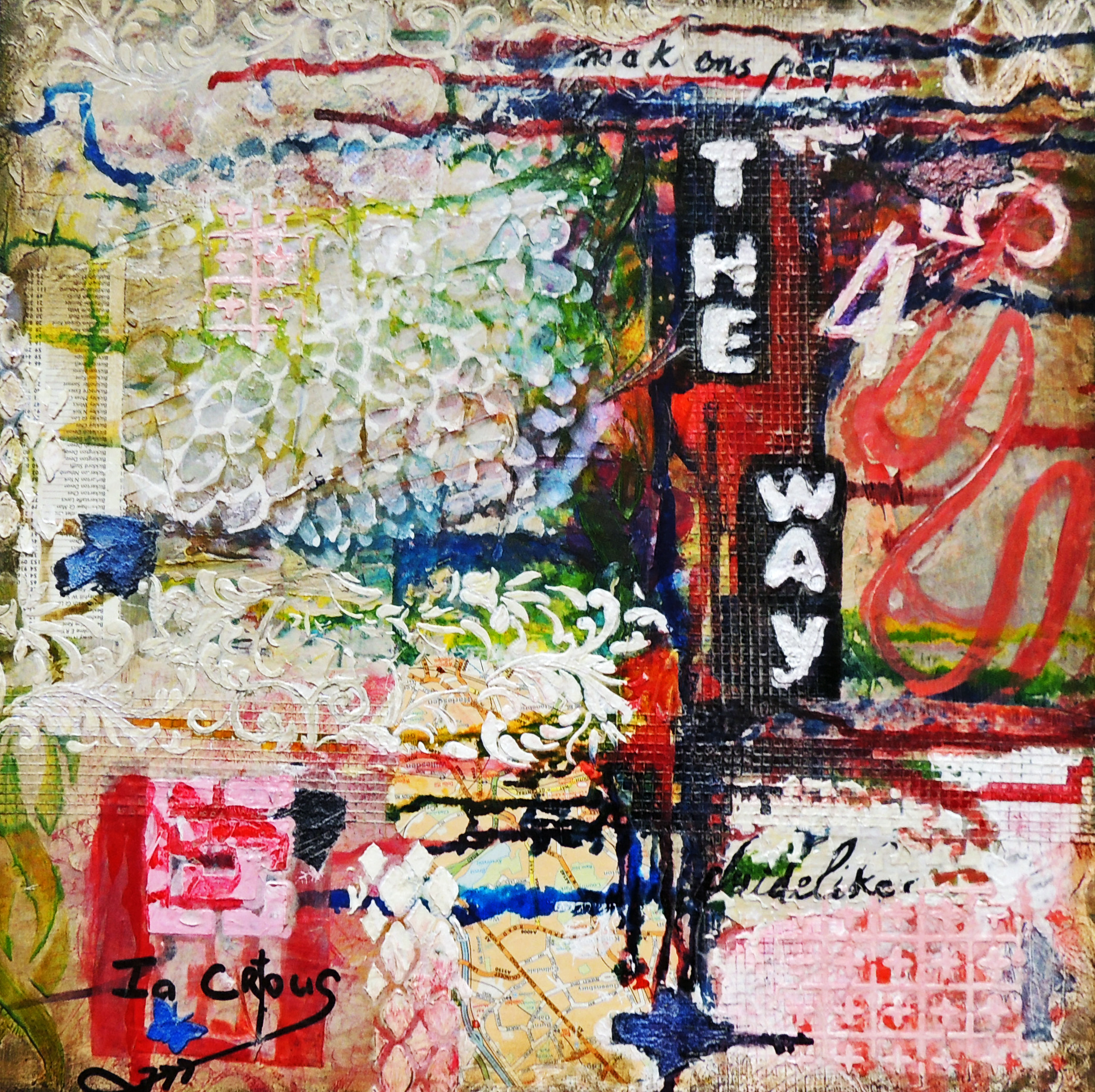 Roadmap- Shop Abstract Art- Collaged old roadmap pieces, gelli prints, drywall tape, textures, on cool and warm red hues.
