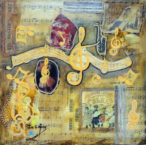 Rhythm and Rhyme- Shop Abstract Art. A center textured golden treble clef and note staff, glued dancers, and a conductor