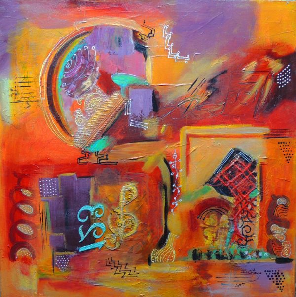 Sunshine Waltz- Abstract Art-Various shapes in warm and cooler hues are connected by music icons and numbers. Buy Online