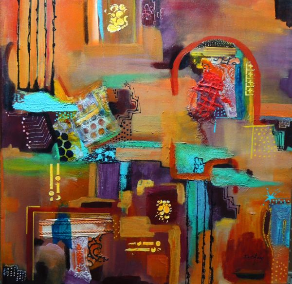 Rhythm of Hope- Abstract Art-Various shapes in warm and cooler hues are connected by more structured shapes. Buy Online